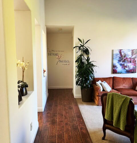 Spacious living area with natural light and lush plants in Folsom elderly care home.